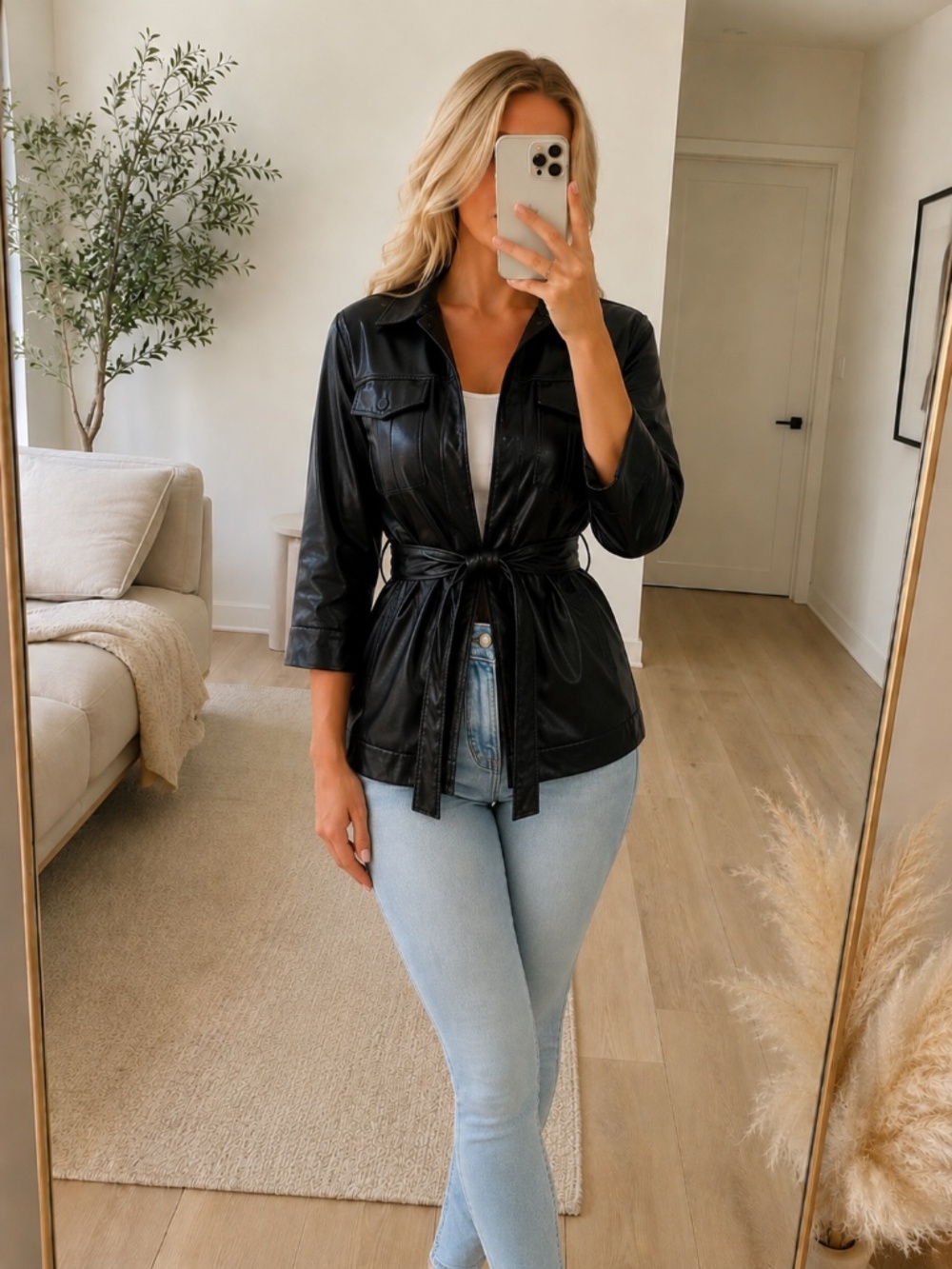 NWT Black Belted Faux Leather Utility Jacket Small